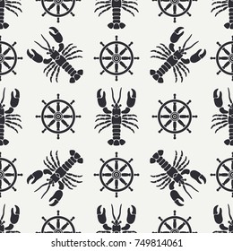 Flat line vector seamless pattern ocean lobster and steering wheel. Simplified retro cartoon style. Cancer. Omar. Seafood delicacy. Shell. Claw. Crustacean. Illustration for your design wallpaper.