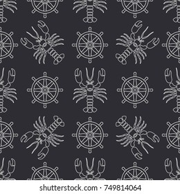 Flat line vector seamless pattern ocean lobster and steering wheel. Simplified retro cartoon style. Cancer. Omar. Seafood delicacy. Shell. Claw. Crustacean. Illustration for your design wallpaper.