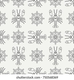 Flat line vector seamless pattern ocean lobster and steering wheel. Simplified retro cartoon style. Cancer. Omar. Seafood delicacy. Shell. Claw. Crustacean. Illustration for your design wallpaper.