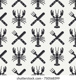 Flat line vector seamless pattern ocean lobster, cutlery, fork, knife. Simplified retro cartoon style. Cancer. Omar. Seafood delicacy. Shell. Claw Crustacean Illustration for your design, wallpaper