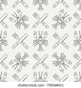 Flat line vector seamless pattern ocean lobster, cutlery, fork, knife. Simplified retro cartoon style. Cancer. Omar. Seafood delicacy. Shell. Claw Crustacean Illustration for your design, wallpaper