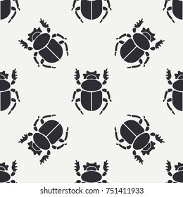 Flat line vector seamless pattern wildlife fauna bug, scarab. Simplified retro cartoon style. Insect. Beetle. Entomology. Nature ornament. Forest life. Illustration element for your design, wallpaper.