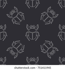 Flat line vector seamless pattern wildlife fauna bug, scarab. Simplified retro cartoon style. Insect. Beetle. Entomology. Nature ornament. Forest life. Illustration element for your design, wallpaper.
