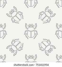 Flat line vector seamless pattern wildlife fauna bug, scarab. Simplified retro cartoon style. Insect. Beetle. Entomology. Nature ornament. Forest life. Illustration element for your design, wallpaper.