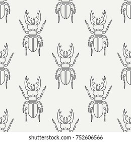 Flat line vector seamless pattern wildlife fauna stag beetle. Simplified retro cartoon style. Insect. Deer bug. Entomology. Nature ornament. Forest art. Illustration element for your design, wallpaper