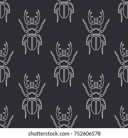 Flat line vector seamless pattern wildlife fauna stag beetle. Simplified retro cartoon style. Insect. Deer bug. Entomology. Nature ornament. Forest art. Illustration element for your design, wallpaper