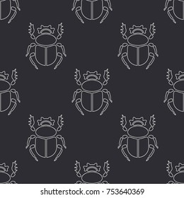 Flat line vector seamless pattern wildlife fauna bug, scarab. Simplified retro cartoon style. Insect. Beetle. Entomology. Nature ornament. Forest life. Illustration element for your design, wallpaper.