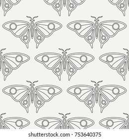 Flat line vector seamless pattern wildlife fauna, butterfly. Simplified retro cartoon style. Insect. Beetle. Entomology. Nature ornament. Forest moth. Illustration element for your design, wallpaper.