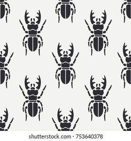 Flat line vector seamless pattern wildlife fauna stag beetle. Simplified retro cartoon style. Insect. Deer bug. Entomology. Nature ornament. Forest art. Illustration element for your design, wallpaper