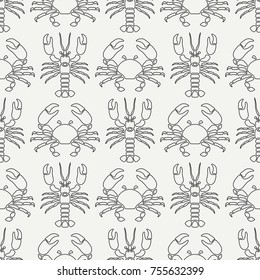 Flat line vector seamless pattern ocean fauna lobster and crab. Simplified retro style. Cancer. Seafood delicacy. Shell. Claw. Sea. Crustacean. Illustration element for your design wallpaper.