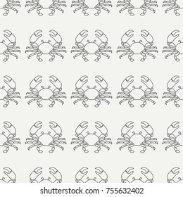 Flat line vector seamless pattern ocean fauna lobster, crab. Simplified retro style. Cancer. Seafood delicacy. Shell. Claw. Sea. Crustacean. Illustration element for your design wallpaper