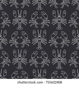 Flat line vector seamless pattern ocean fauna lobster and crab. Simplified retro style. Cancer. Omar. Seafood delicacy. Shell. Claw. Sea. Crustacean. Illustration element for your design wallpaper.