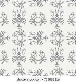 Flat line vector seamless pattern ocean fauna lobster and crab. Simplified retro style. Cancer. Omar. Seafood delicacy. Shell. Claw. Sea. Crustacean. Illustration element for your design wallpaper.
