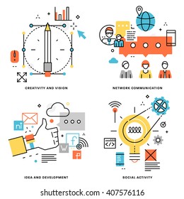 Flat Line Vector Set. Creativity and Vision, Idea and Development, Freethinking, Social Activity, Network Communication Concepts