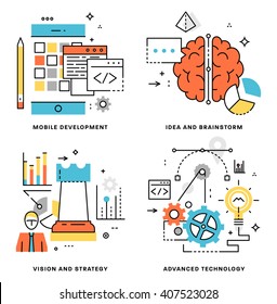 Flat Line Vector Set. Technologies and Innovations, Idea and Brainstorm, Freethinking, Inspiration and Imagination Concepts.