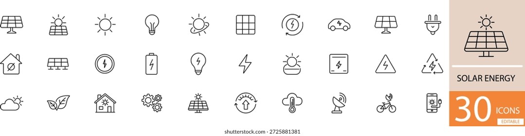 Conjunto de iconos de energía solar de Vector de línea plana que muestra energía renovable, paneles solares y conceptos de energía sostenible en un estilo mínimo limpio. Perfecto para el uso de diseño de energía ambiental, verde y renovable