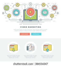 Flat line Video Marketing Concept Vector illustration. Modern thin linear stroke vector icons. For website graphics, Mobile Apps, Web Page Layout design. Vector Icons.