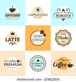 Flat line Vintage Coffee Labels Logo design vector typography lettering inspiration templates. Retro elements, business signs, badges, logos, label, stamps, icons and symbols.