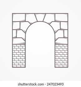 Flat line vintage design vector icon for brick entrance arch on gray background.