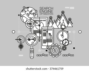 Flat line web banner template of search engine optimization service, SEO data analytics and keyword process. Modern vector illustration concept for website or infographics