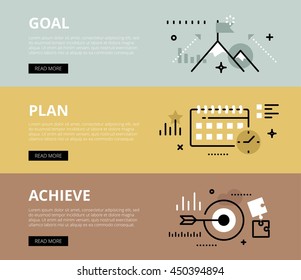 Flat line web banners of aim achieving. Line peak, plan and target symbol for websites and marketing materials with call to action buttons, ready to use