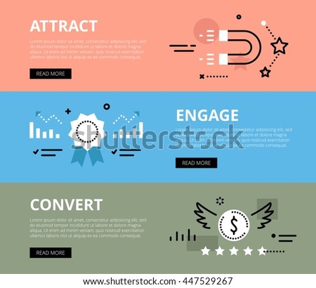 Flat line web banners of attracting clients to business. Line magnet, award ribbon and money symbol for websites and marketing materials with call to action buttons, ready to use