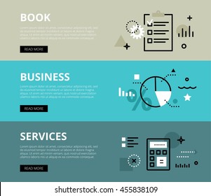 Flat line web banners of booking business services. Line clipboard, pie chart and calculator for websites and marketing materials with call to action buttons, ready to use