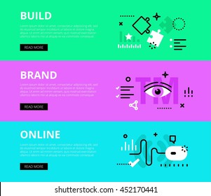 Flat line web banners of branding on-line. Line puzzles, eye and computer mouse for websites and marketing materials with call to action buttons, ready to use