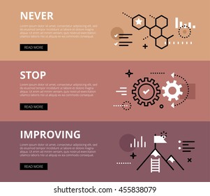 Flat line web banners of business motivation. Line honey comb, gearwheels and mountain peak for websites and marketing materials with call to action buttons, ready to use