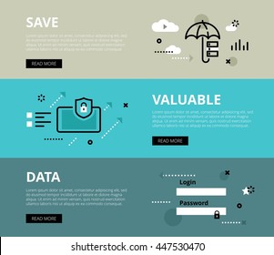 Flat line web banners of data security. Line data base, mobile security and sign in form for websites and marketing materials with call to action buttons, ready to use