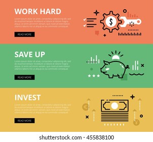 Flat line web banners of financial literacy. Line money gearwheel, wrench, paper money and piggy bank for websites and marketing materials with call to action buttons, ready to use