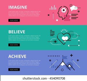 Flat line web banners of goals achieving. Line human profile, heart symbol and mountain peak for websites and marketing materials with call to action buttons, ready to use