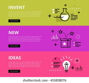 Flat line web banners of invention ideas. Line lab flask, open box and lightbulb for websites and marketing materials with call to action buttons, ready to use