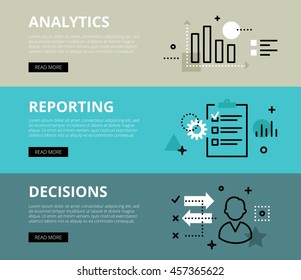 Flat line web banners of making decisions. Line bar graph, clipboard, gear wheel, human avatar and trend arrows for websites and marketing materials with call to action buttons, ready to use