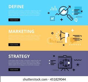 Flat line web banners of marketing strategy. Line magnifying glass, megaphone and scheme for websites and marketing materials with call to action buttons, ready to use