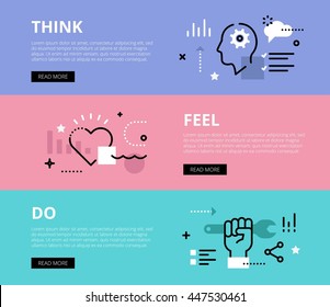 Flat line web banners of motivation process. Line human profile, cloud, heart and hand with wrench for websites and marketing materials with call to action buttons, ready to use