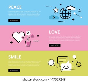 Flat line web banners of positive thinking. Line magnet, award ribbon and money symbol for websites and marketing materials with call to action buttons, ready to use