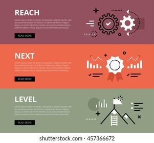 Flat line web banners of reaching next level. Line gear wheels, award ribbon, bar graphs and mountain peak for websites and marketing materials with call to action buttons, ready to use