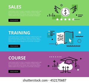 Flat line web banners of sales training on-line. Line money symbol, e-book and mortarboard for websites and marketing materials with call to action buttons, ready to use
