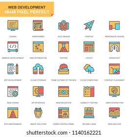 Flat line web design and development icons set for website and mobile site and apps. Contains such Icons as Coding, App Development. 48x48 Pixel Perfect. Pictogram pack. Vector illustration.