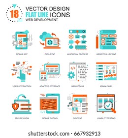 Flat line web development icons concepts set for website and mobile site and apps. Mobile apps coding, user interface testing. New style flat simple pictogram pack. Vector illustration.