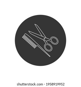 Flat line white icon scissors and combs isolated on white background. Beauty saloon vector