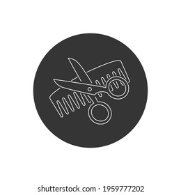 Flat line white icon scissors and combs isolated on white background. Beauty saloon