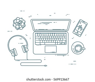 Flat line workplace concept. Laptop, phone, cup of coffee, headphones and plant top view