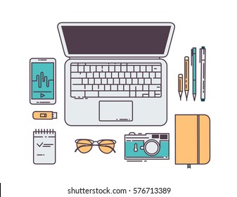 Flat line workplace concept. Laptop, smartphone, pen, notebook, glasses, camera top view isolated on white