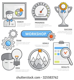  Flat line Workshop business design concept, coaching, success, team, goal development, progress. Creative design elements for websites, mobile apps and printed materials. Infographic template.