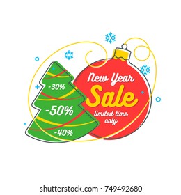 Flat linear Christmas banner, scroll, tag, discount, New Year sale. Vector illustration
