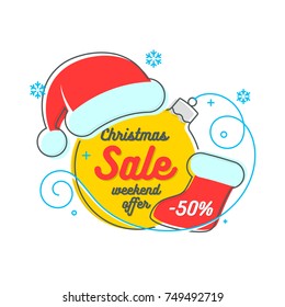 Flat linear Christmas banner, scroll, tag, discount, New Year sale. Vector illustration