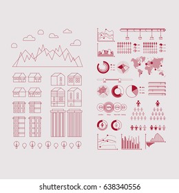 Flat linear city Infographic. Vector town illustration. World map infographic