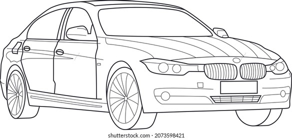 A flat linear coloring page of luxurious car on black background